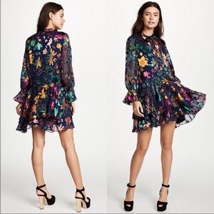 Alice + Olivia Moore Floral Tunic Velvet Burnout dress sz M Blue Long sleeves